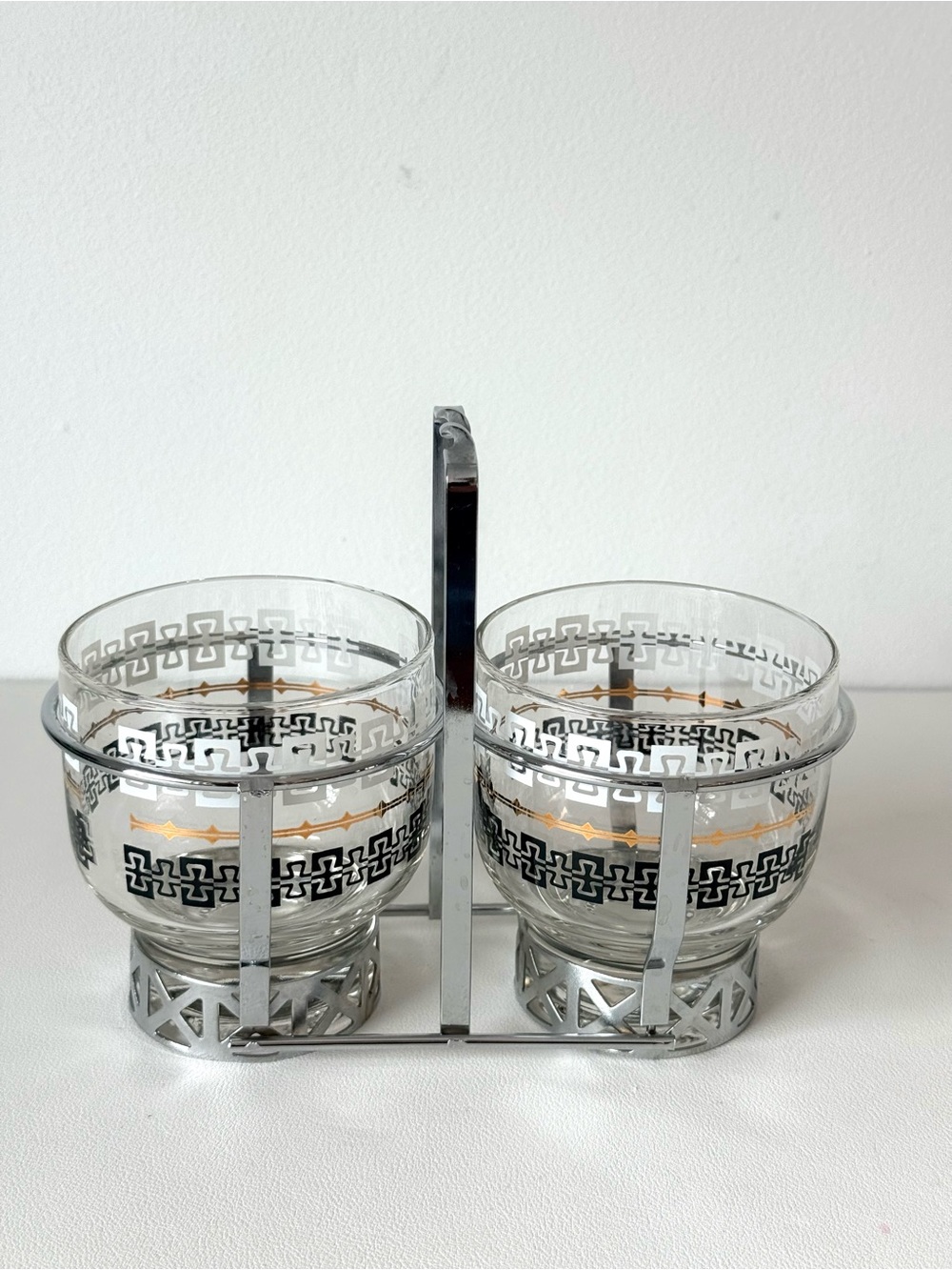 Vintage Libbey Mid-Century Modern Condiment Jars Chrome Metal Caddy Retro